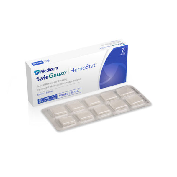 HEMOSTAT TOPICAL HEMOSTATIC DRESSING, STERILE, 4 PLY, 1 DRESSING/BLISTER, 10 BLISTERS/BLISTER PACK, 2 BLISTER PACKS/BX, SOLD AS BOX AMD-MEDICOM 100002