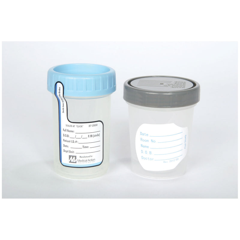 SPECIMEN CONTAINER, 4 OZ, CLIKSEAL™ STERILE, BLUE SCREW CAP, PATIENT ID LABEL AFFIXED TO CONTAINER FOR DATE, NUMBER, NAME & DOCTOR, SOLD AS CASE MEDEG