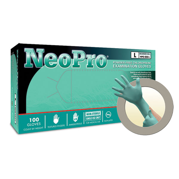 EXAM GLOVES, PF CHLOROPRENE, LATEX-FREE, TEXTURED FINGERS, GREEN, X-LARGE, 100/BX, 10 BX/CS, SOLD AS CASE ANSELL 202