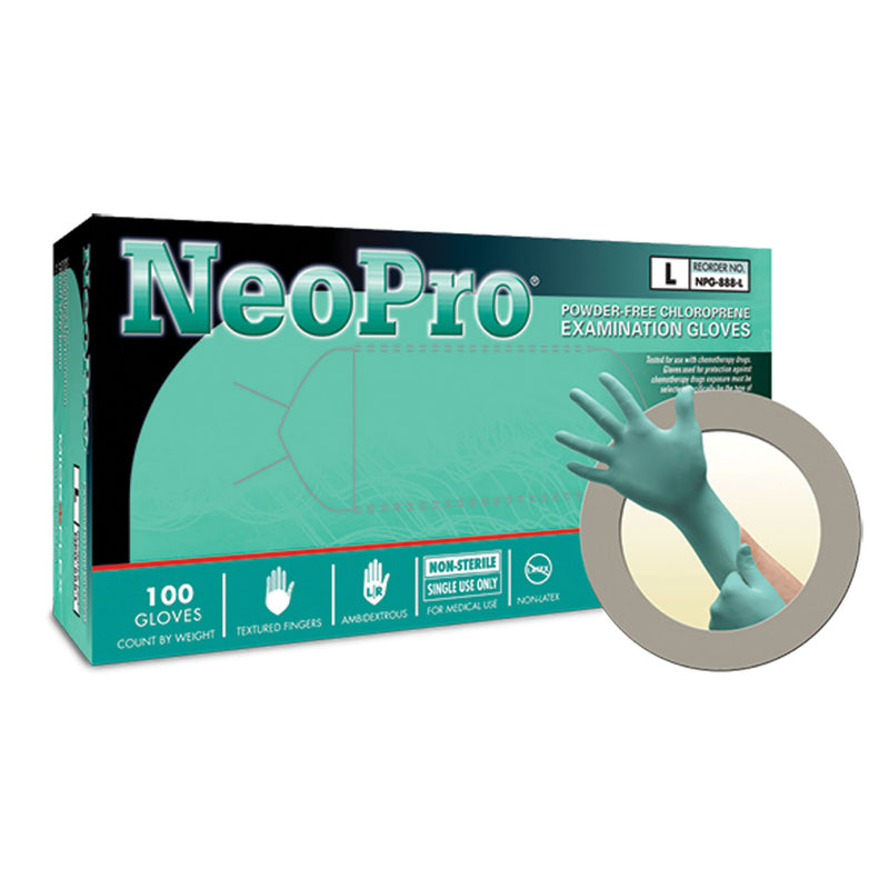 EXAM GLOVES, PF CHLOROPRENE, LATEX-FREE, TEXTURED FINGERS, GREEN, SMALL, 100/BX, 10 BX/CS, SOLD AS CASE ANSELL 202