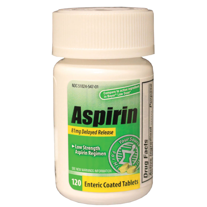 ASPIRIN, ADULT, LOW DOSE 81MG, ENTERIC COATED TABLETS, 120/BTL, 24 BTL/CS, COMPARE TO THE ACTIVE INGREDIENT IN BAYER® LOW DOSE, SOLD AS CASE NEW 10000