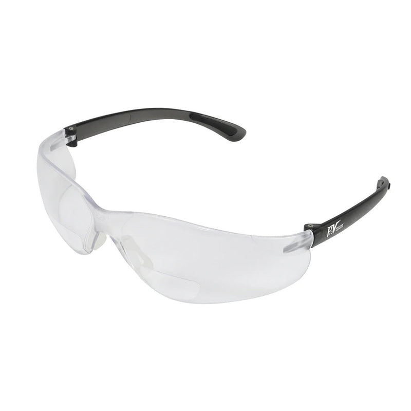 BIFOCAL SAFETY GLASSES, BLACK FRAME/CLEAR LENS. +2.0 DIOPTER, UNIVERSAL SIZE, 12/BX, SOLD AS BOX PALMERO 10001214