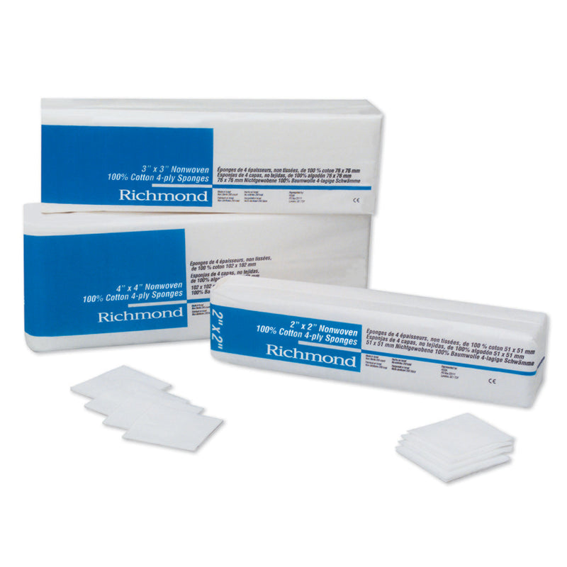 NON-WOVEN COTTON SPONGE, 3" X 3", 4-PLY, NON-STERILE, 200/SLV, 20 SLV/CS, SOLD AS CASE RICHMOND 10000883