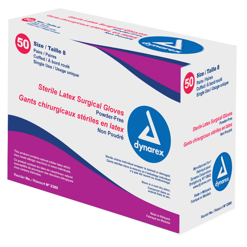 SURGEONS GLOVE, STERILE, POWDER FREE , SIZE 8.0, LATEX, PAIRS, 50 PR/BX, 4 BX/CS, SOLD AS CASE DYNAREX 10000058
