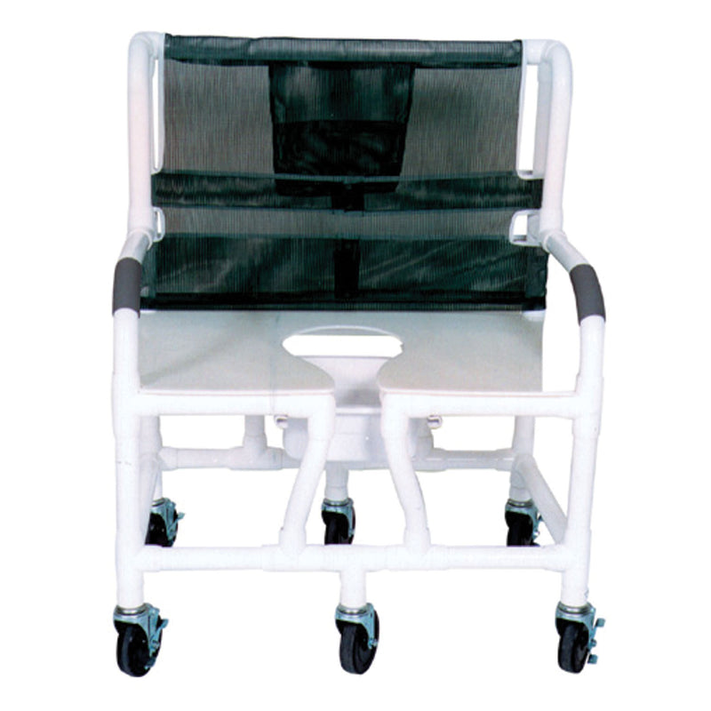 X-WIDE SHOWER CHAIR, 26" INTERNAL WIDTH, 4" X 1¼" CASTERS, 7 QT SLIDE OUT COMMODE PAIL NO BAR IN BACK, 425 LBS, SOLD AS EACH MJM 10000133