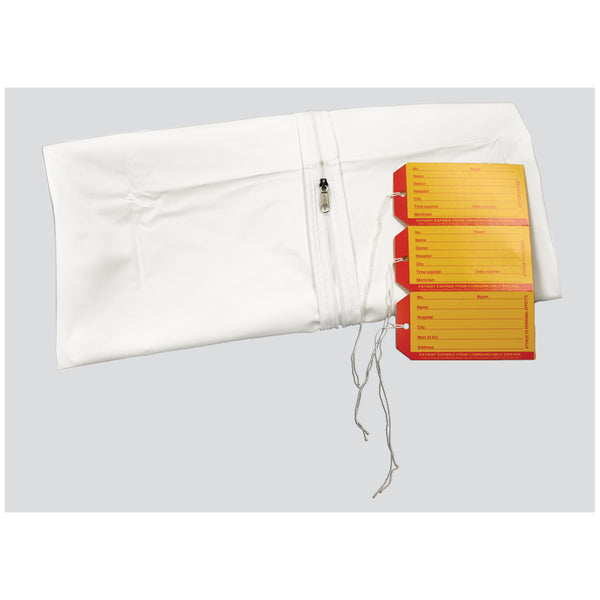 ADULT CADAVER BAG, 36" X 90", WHITE, STRAIGHT ZIPPER, 3 WHITE & 3 YELLOW ID TAGS, PLUS 1 CHIN STRAP, 2 CELLULOSE PADS, 2-60" TIES,, SOLD AS CASE PRECI