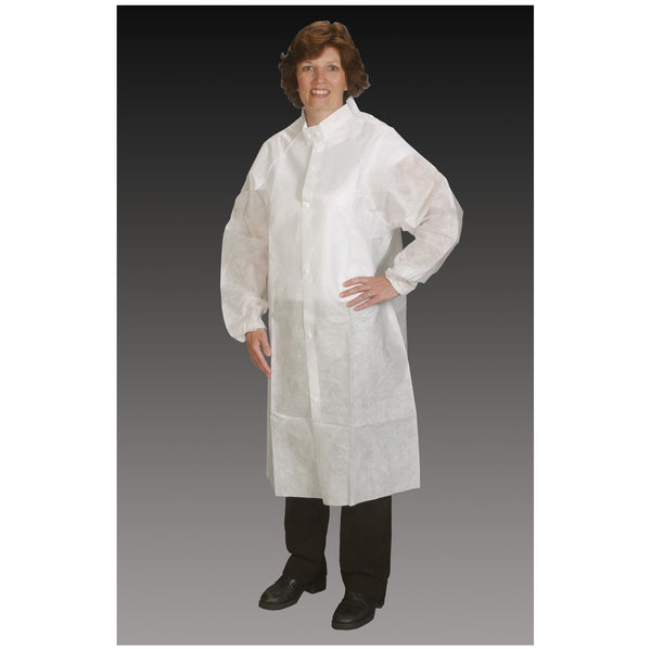 FROCK LAB COAT, 2X-LARGE/ 3X-LARGE, WHITE, ELASTIC WRIST, SNAP COLLAR, SNAP CLOSE, 25/CS, SOLD AS CASE ALPHA 8