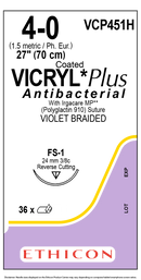 SUTURE, REVERSE CUTTING, SIZE 4-0, 27", VIOLET BRAIDED, NEEDLE FS-1, 3/8 CIRCLE, 3 DZ/BX, SOLD AS BOX ETHICON 243