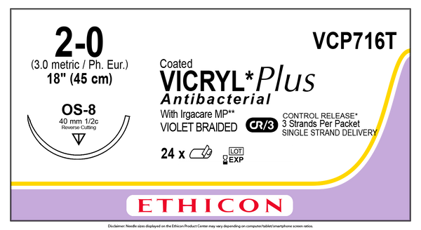 SUTURE, REVERSE CUTTING, SIZE 2-0, 3-18", VIOLET BRAIDED, NEEDLE OS-8, ½ CIRCLE, 2 DZ/BX, SOLD AS BOX ETHICON 243