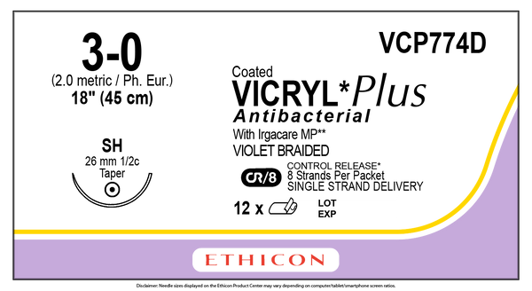 SUTURE, TAPER POINT, SIZE 3-0, 8-18", VIOLET BRAIDED, NEEDLE SH, ½ CIRCLE, 1 DZ/BX, SOLD AS BOX ETHICON 243