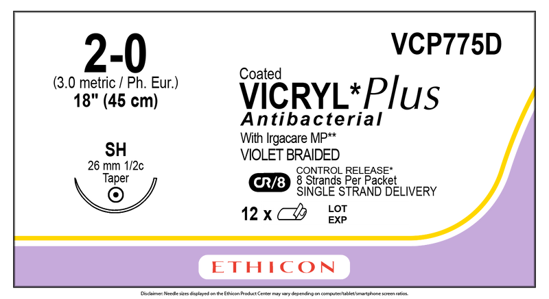 ETHICON VICRYLª PLUS COATED ANTIBACTERIAL SUTURES. SUTURE COATED VICRYL VIOLT BRD2-0 SH 8-18 1DZ/BX, BOX - BriteSources