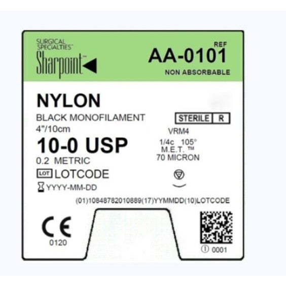 10/0 NYLON SUTURE, BLACK MONO, 4"/10CM, VRM4, 4MM 1/4 CIRCLE, 12/BX, SOLD AS BOX SURGICAL 71
