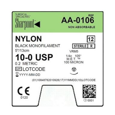 10/0 NYLON SUTURE, BLACK MONO, 5"/13CM, VRM5, 5MM 1/4 CIRCLE, 12/BX, SOLD AS BOX SURGICAL 71