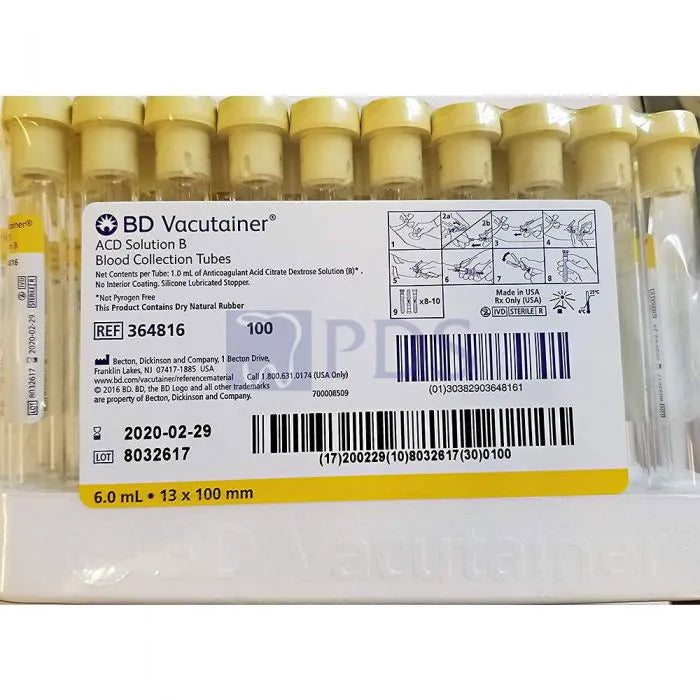 GLASS TUBE, CONVENTIONAL STOPPER, 13 X 100MM, 6.0ML, YELLOW, PAPER LABEL, ACD SOLUTION B OF TRISODIUM CITRATE 13.2G/L, CITRIC ACID, SOLD AS CASE BD 20