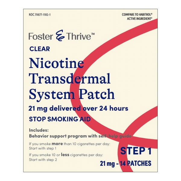 FOSTER & THRIVE™ NICOTINE 21 MG DELIVERED OVER 24 HOURS TRANSDERMAL SYSTEM PATCHES STEP 1 CLEAR, SOLD AS 14/BOX MCKESSON 70677118201
