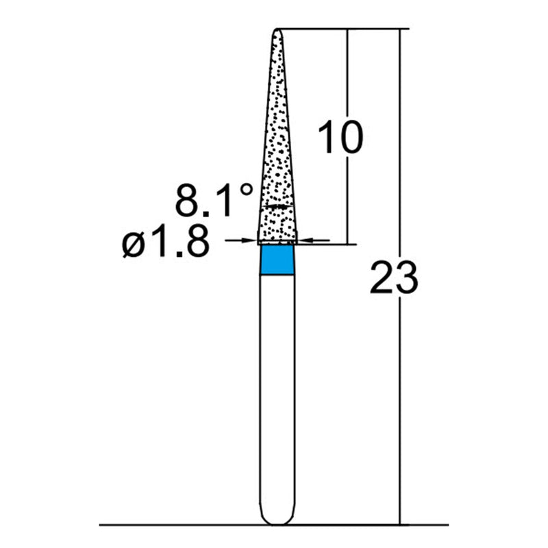 Conical Pointed, Slender 1.8 mm Dia. Medium Grit Diamond Bur 5 per pack. 164.18M1