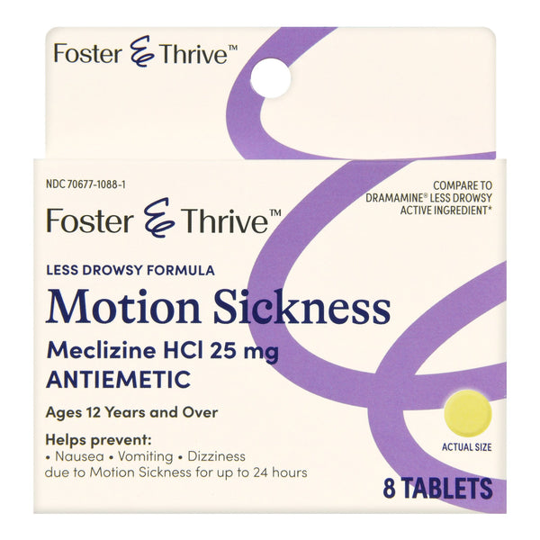 FOSTER & THRIVE™ LESS DROWSY MOTION SICKNESS MECLIZINE HCL 25 MG TABLETS, SOLD AS 1/BOX MCKESSON 70677108801