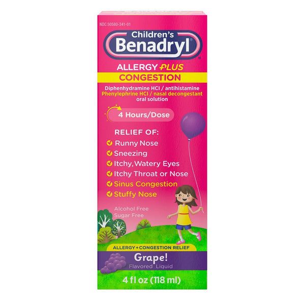 BENADRYL® CHILDREN'S ALLERGY PLUS CONGESTION LIQUID GRAPE FLAVOR, 4 OUNCES, SOLD AS 1/EACH J 50580034101