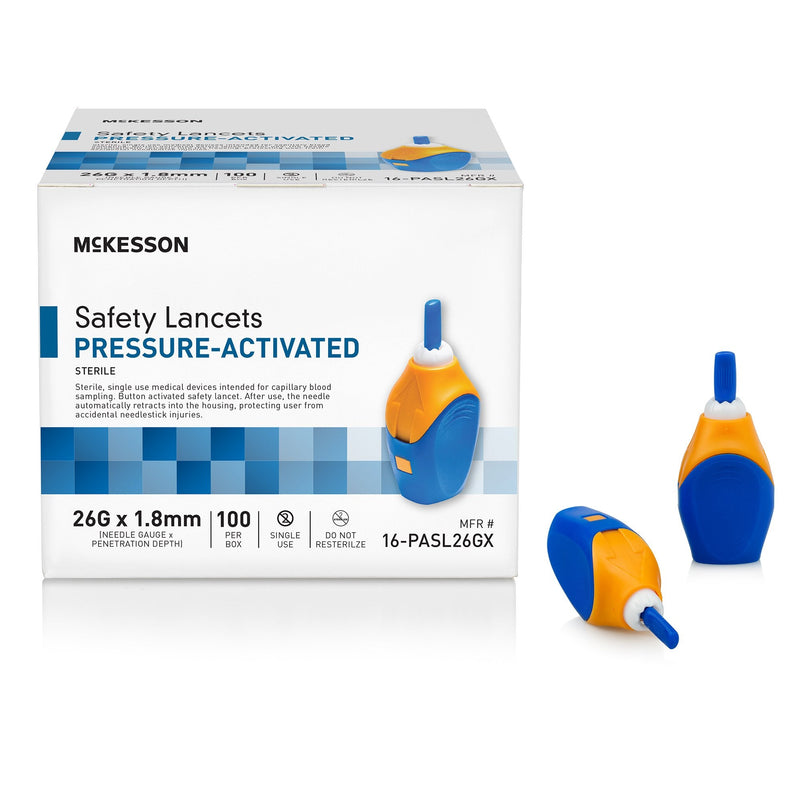 McKesson Pressure Activated Safety Lancets, 26 Gauge, Blue 100/BOX -16-PASL26GX