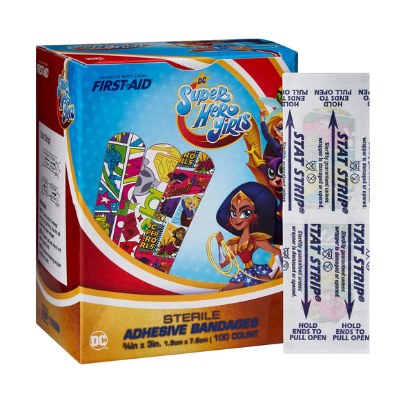 AMERICAN® WHITE CROSS FIRST AID DC SUPER HERO GIRLS KID DESIGN ADHESIVE STRIPS, SOLD AS 1200/CASE DUKAL 10859