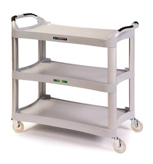 17-1/2"W X 34-1/2"L X 32-3/4"H PLASTIC UTILITY CART; 500 LB. CAPACITY; TWO 16"W X 30-1/3"L SHELVES W/19" SHELF CLEARANCE; 2 SWIVEL, SOLD AS EACH LAKES