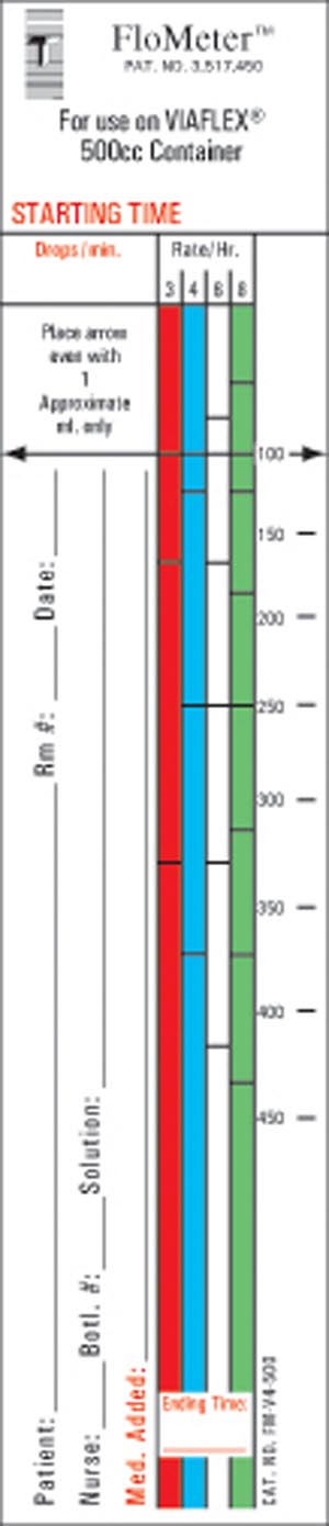 FLO-METER® LABELS FOR IV CONTAINERS, VIAFLEX 4-COLOR STYLE, 1½" X 10½", FOR 1000ML CONTAINER, 1,000/BX, SOLD AS BOX PRECISION 10001102