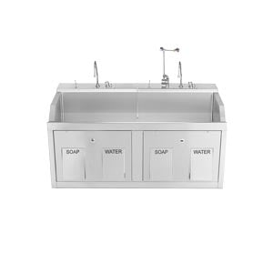 Blickman Scrub Sinks. Lodi Scrub Sink, (2) Place, Wall Mounted, Knee Action Control, Soap Dispenser, Infrared Water Control, Eyewash, Digital Timer (D