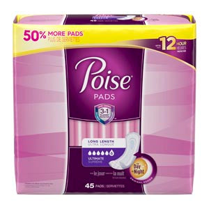 Kimberly-Clark Poise Pads. Poise Ultimate Pads, Long, 45/Pk, 2 Pk/Cs. Pad Poise Ultimate Long45/Pk 2Pk/Cs, Case