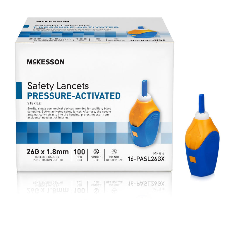 McKesson Pressure Activated Safety Lancets, 26 Gauge, Blue 100/BOX -16-PASL26GX