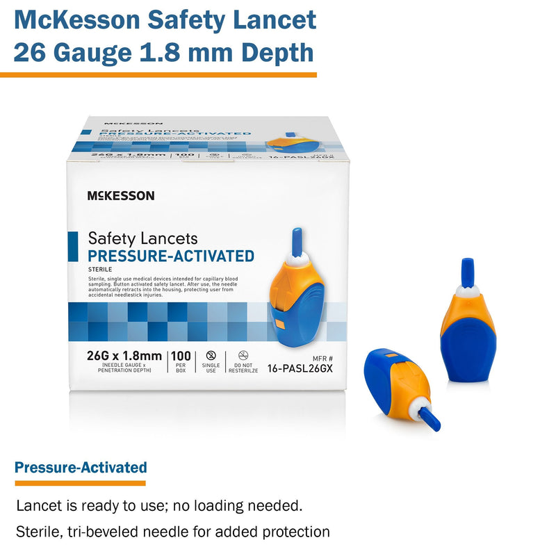 McKesson Pressure Activated Safety Lancets, 26 Gauge, Blue 100/BOX -16-PASL26GX